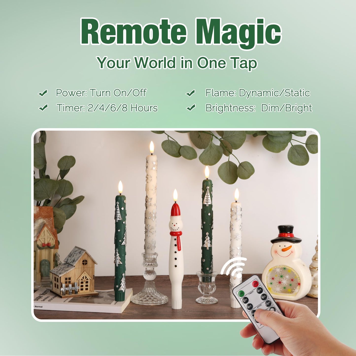 Eywamage Green Christmas Tree Flameless Taper Candles with Remote, Flickering LED Wax Candlesticks Set of 4