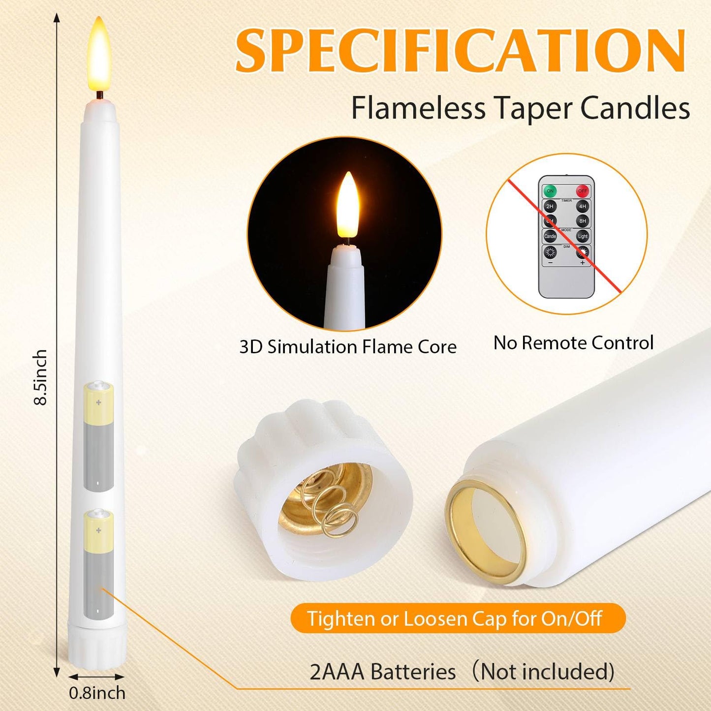 Baquler 50 Pcs 8.5 Inch Flameless Taper Candles Battery Operated Taper Candles Bulk LED Flickering White Candlesticks for Wedding Church Table Centerpiece Halloween Christmas Party Decor
