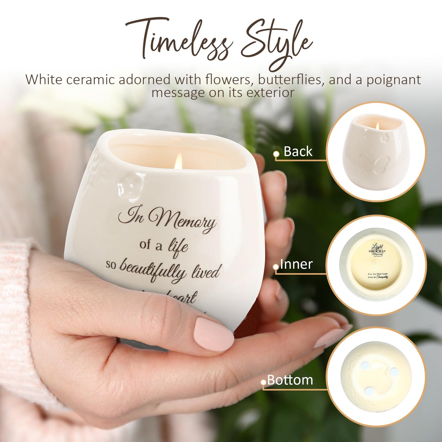 Pavilion 'In Memory, Beautifully Lived' 19178 - White Ceramic Candle with Soy Wax in a Delicate Floral Scent, Thoughtful Sympathy, Remembrance, and Condolence Gift - 8 Ounces