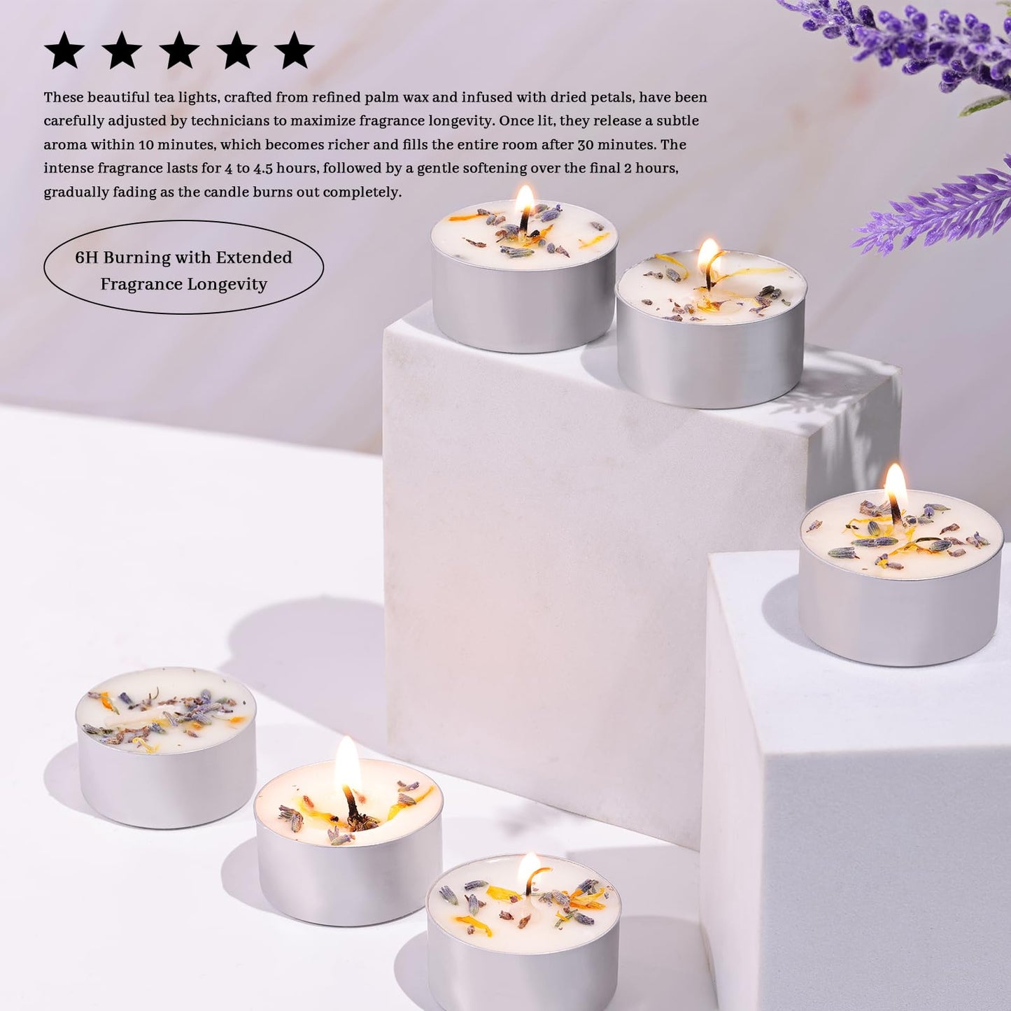 8 Pcs Lavender Scented Tealight Candles, 6H Long Burning - 100% Palm Wax Based Scented Tea Lights with Dried Flowers, Non-Toxic/Smokeless Tea Lights Candles for Spa, Bath, Wedding