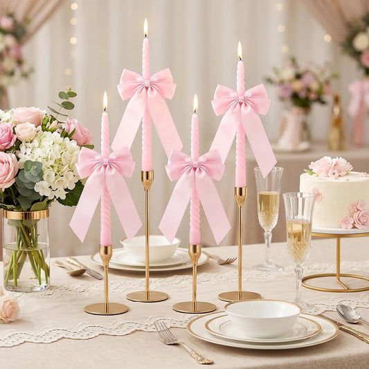 Whaline 8Pcs Pink Spiral Taper Candles with Ribbon Bow Decor Dripless Twisted Wax Candles 10 Inch Long Unscented Candle Sticks for Valentine' s Day Coquette Bachelorette Bridal Wedding Party