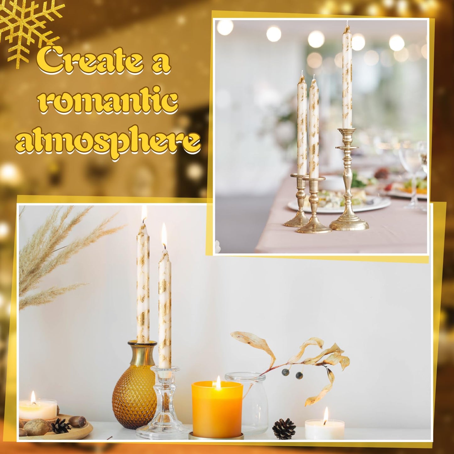 Conelist 6 Pcs White Gold Decorative Taper Candles 10 Inch Unscented Smokeless Handmade Long Burning Tall Taper Candles for Wedding Home Dinner Birthday Holiday Party Decoration