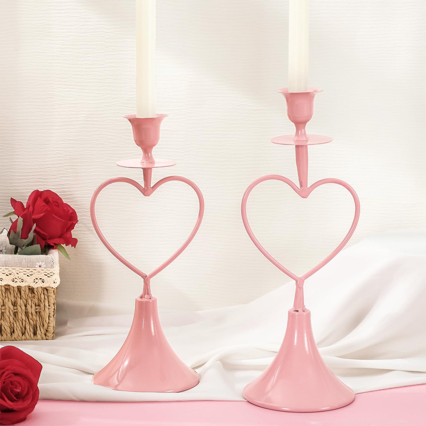 JarThenaAMCS 2Pcs Valentine's Day Taper Candle Holder Pink Heart Tall Metal Candle Stick Holder for Wedding Anniversary Party Table Centerpiece Decoration