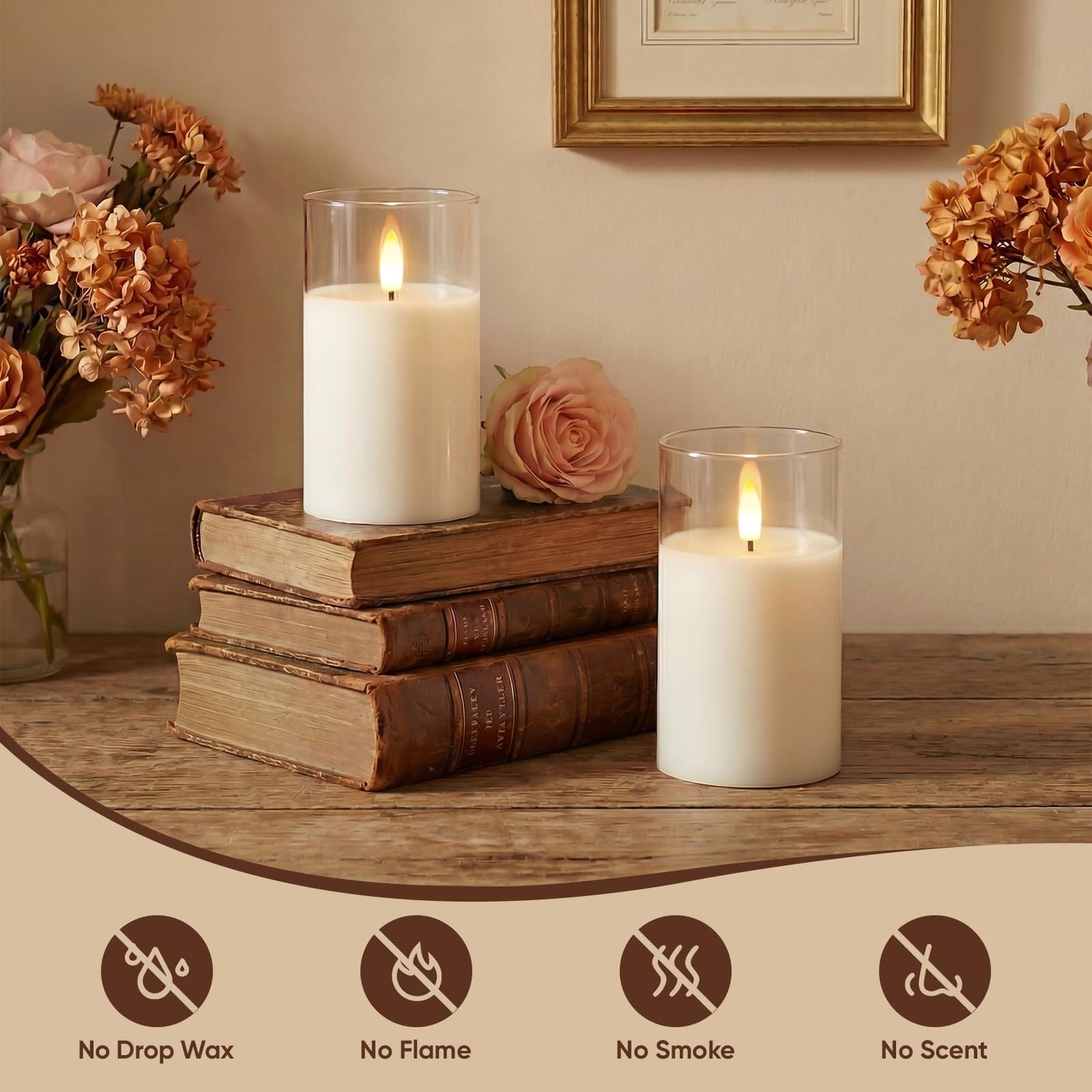 Amagic 3"x5" Clear Glass Flameless Candles Battery Operated with Timer, Remote Control, LED Pillar Candles, Battery Powered, Valentine's Day Decor, Pure White Wax, Set of 2
