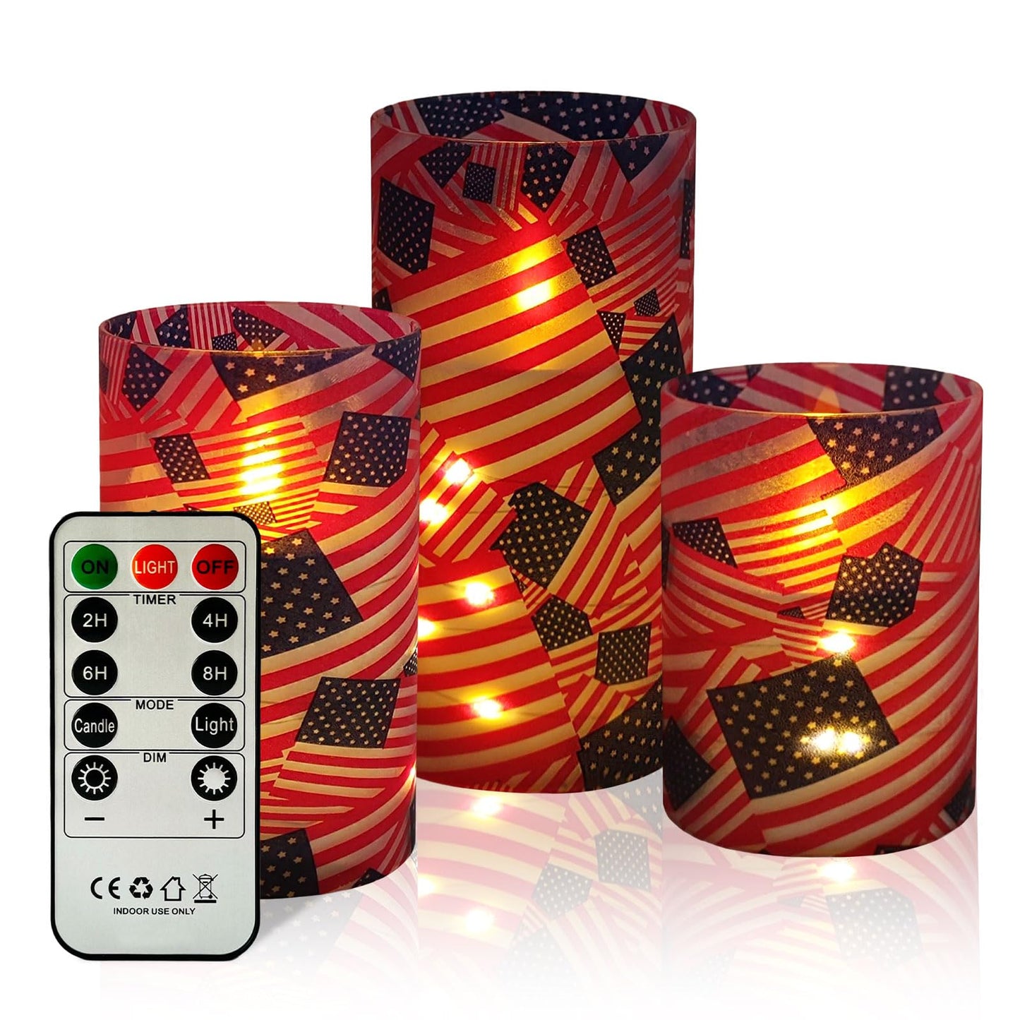 NJAO HOO Flickering Flameless Candles, LED Candles 3D Wick Acrylic Battery Operated LED Pillar Candles with Remote and Timer for Day 4th of July Decor Set of 3(American Flag)