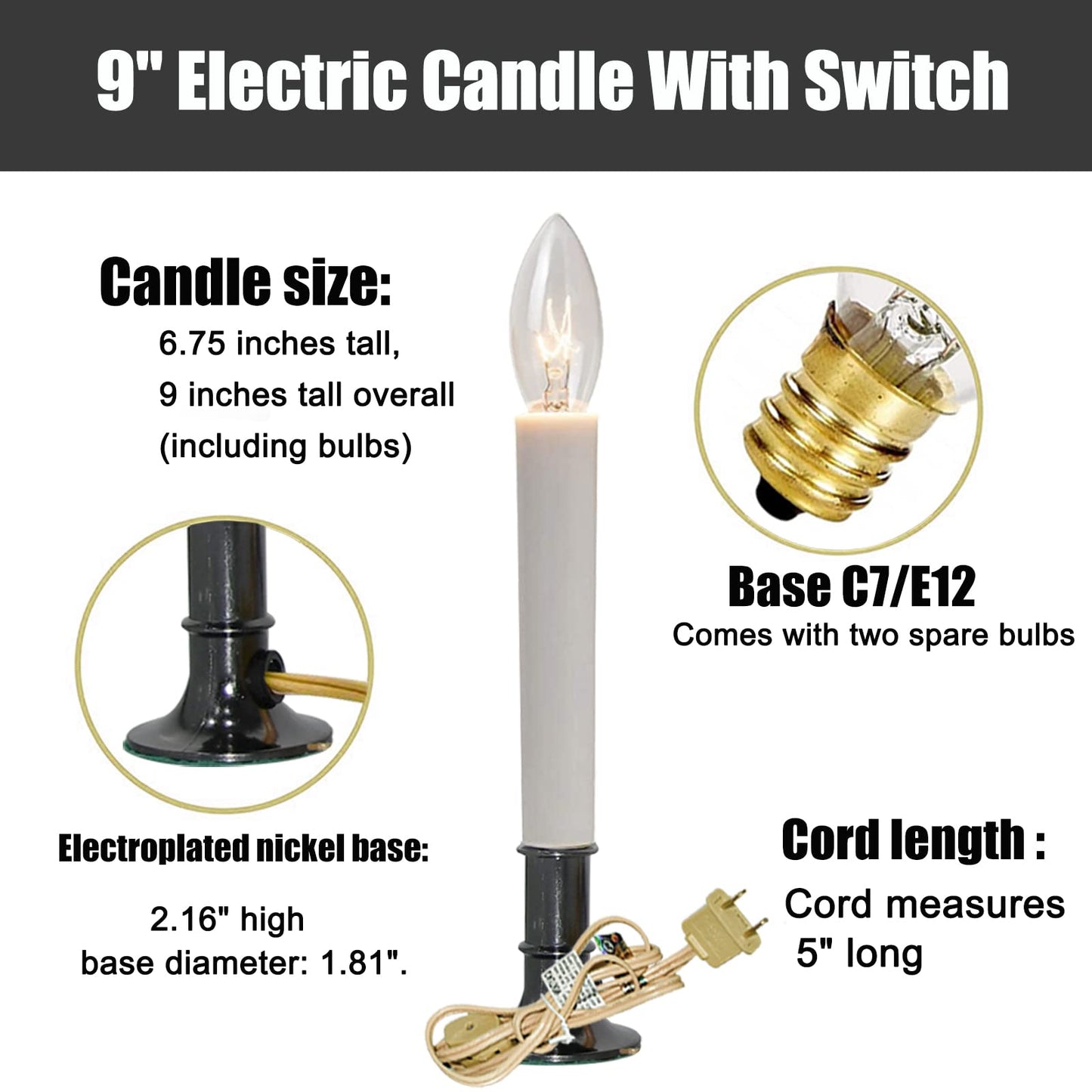 SUNSGNE Electric Christmas Window Candles with Nickel Plated Base, Electric Window Candle Lamp Lights Plug in Christmas Candle Lamp with 7 Watts C26 Light Bulbs, Turn On/Off Switch (Pack of 4)