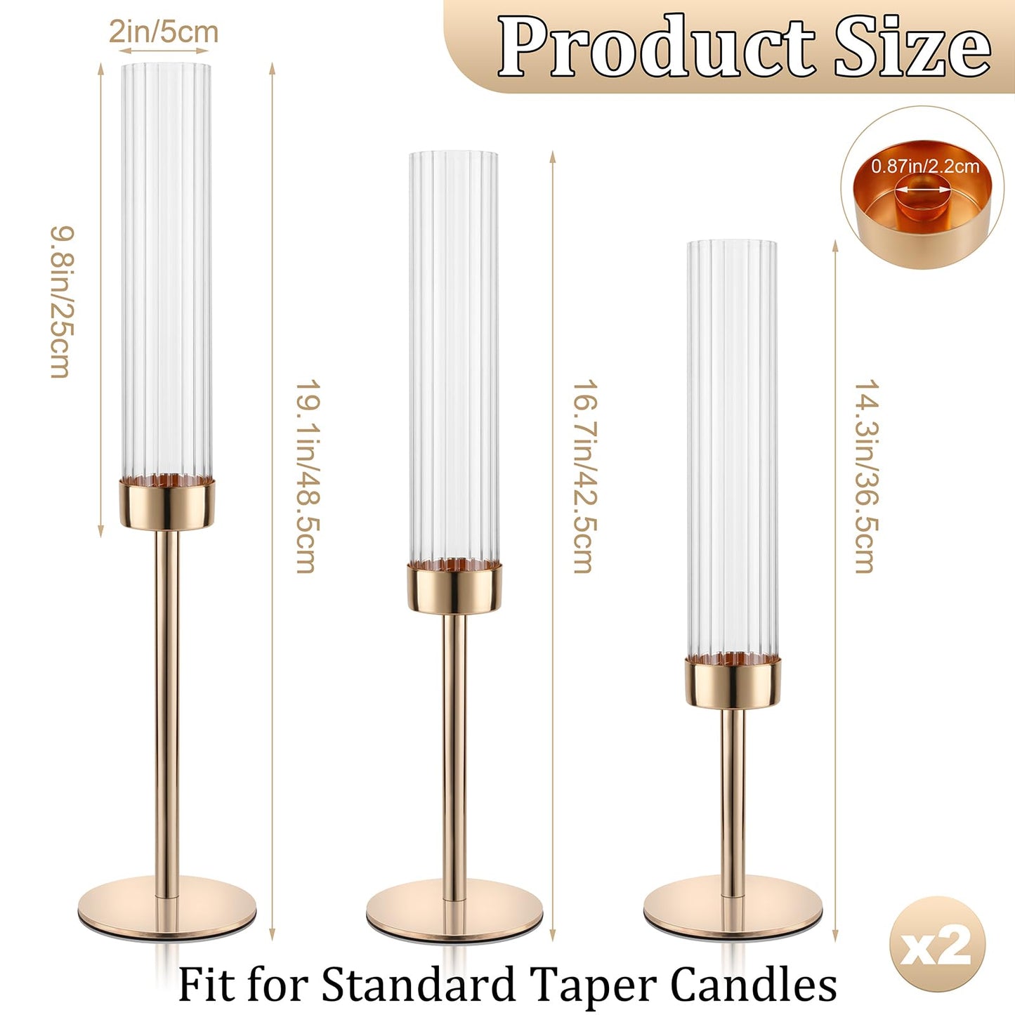 Gold Hurricane Candle Holders, Set of 6 Glass Taper Candlestick Holders Metal Candle Stands Bulk with Ribbed Glass Cover for Dining Tables Wedding Candelabra Centerpieces Decor