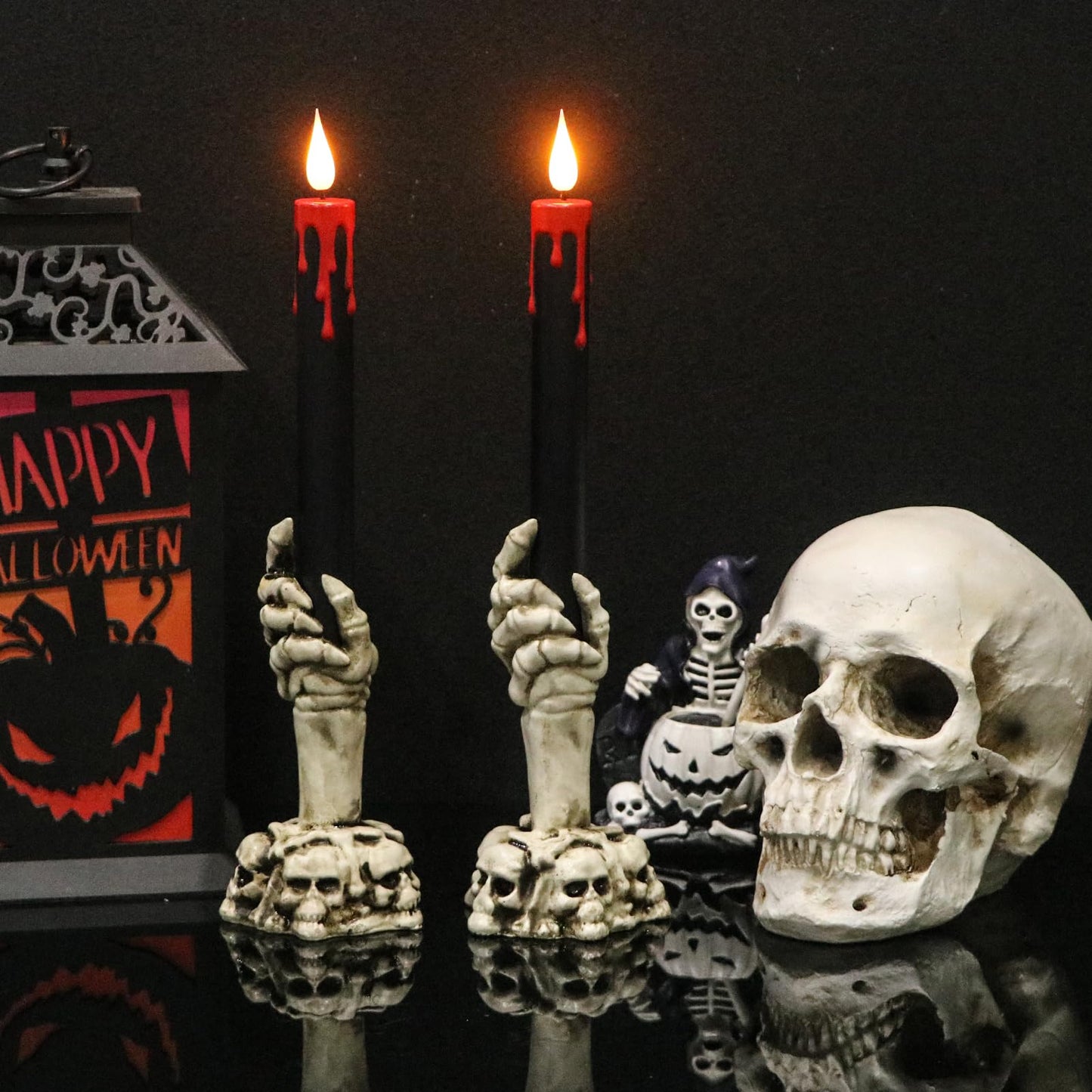 DRomance Black Flameless Taper Candles Battery Operated with Remote and Timer, Blood Dripping Wax LED Flickering Candles Skeleton Hand Holders Dinner Table Halloween Decor Lights(2 Pack, 3” x 12”)