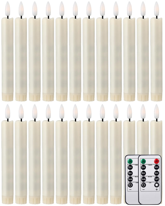 Funtery 24 Pieces 6.5" Flameless LED Taper Candles with Remote Timer Battery Operated Candles Bulk Short LED Candlestick Flickering for Graduation Father's Day Wedding Party Decor(Ivory,Classic Style)