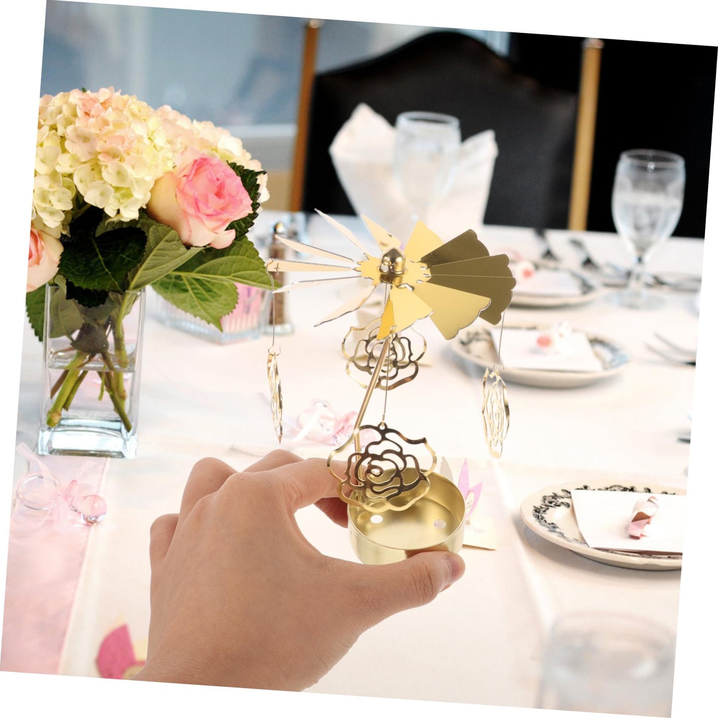 RORPOIR Metal Rotating Carousel Candle Holder Rose Elements Elegant Tealight Stand for Romantic Settings Table Centerpiece for Weddings and Special Occasions