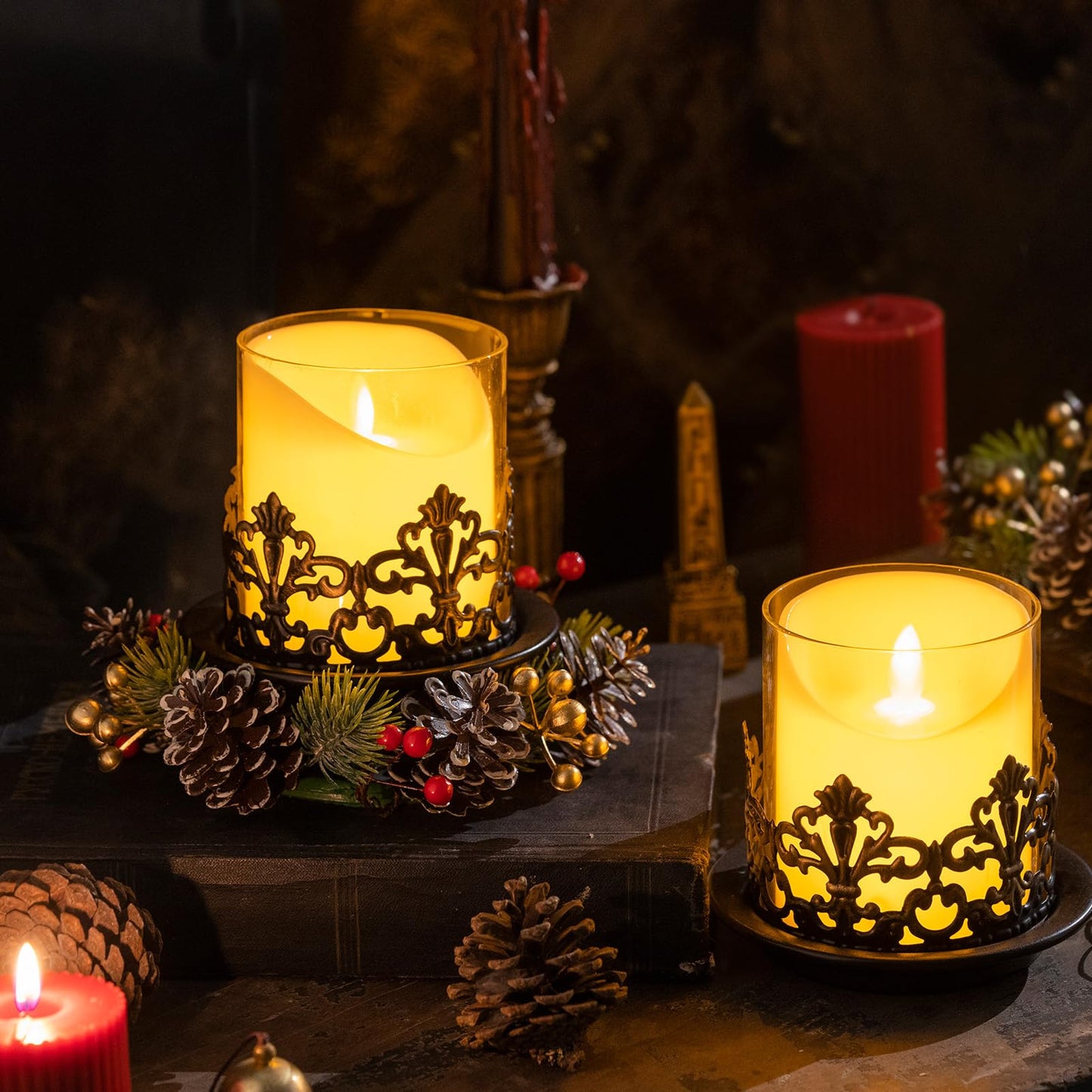 Woparty Vintage Gothic Glass Hurricane Candle Holders, Black Metal Base with Gold Accents, Clear Glass Sleeve, 4.3x4 Inch, Set of 2, for Pillar Candles