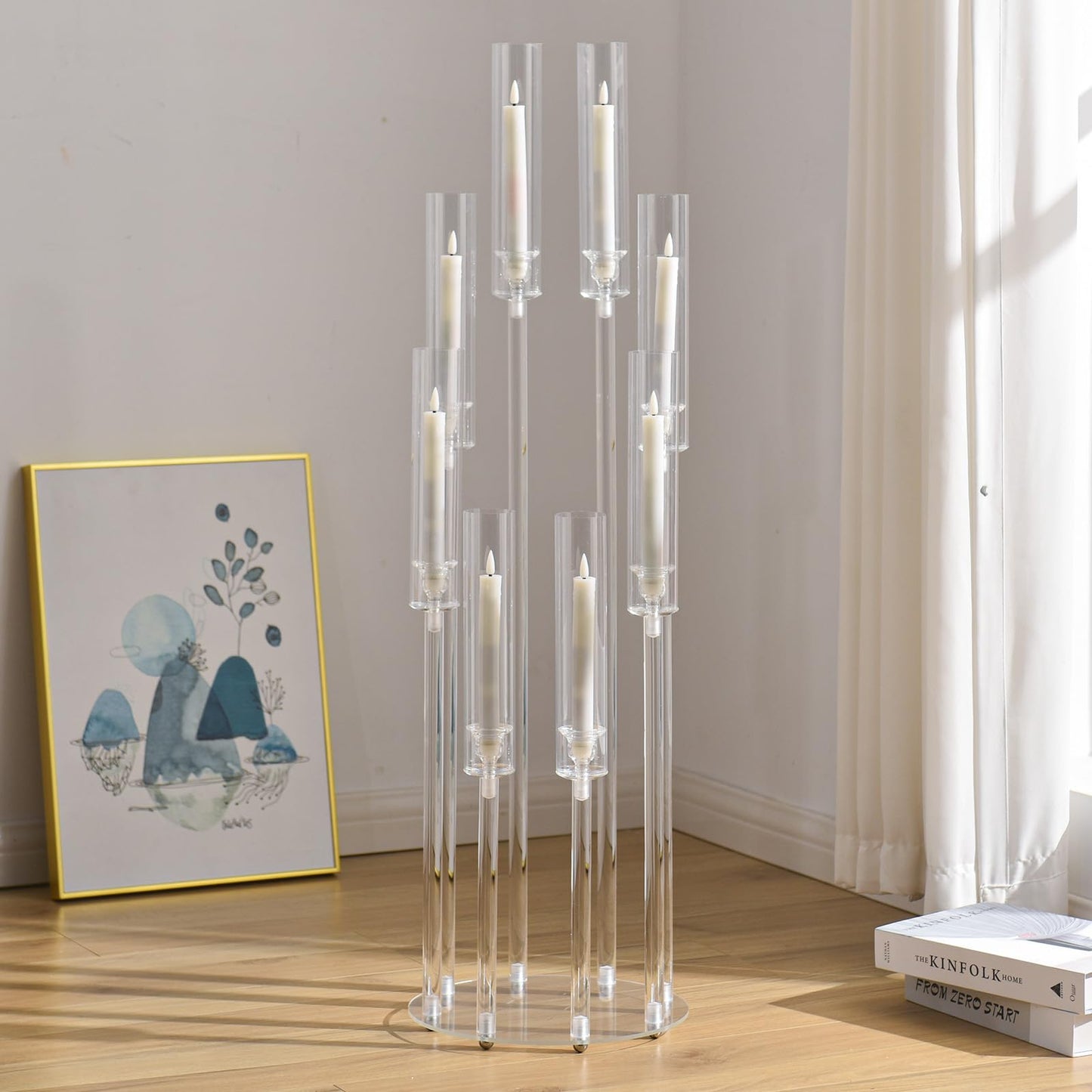 VINCIGANT 8 Arms Clear Candlesticks Holder for Wedding Decorations,Tall Arcylic Candelabra Candle Holder with Shade for Valentines Day Events Party Table Centerpiece,Fit LED Candles