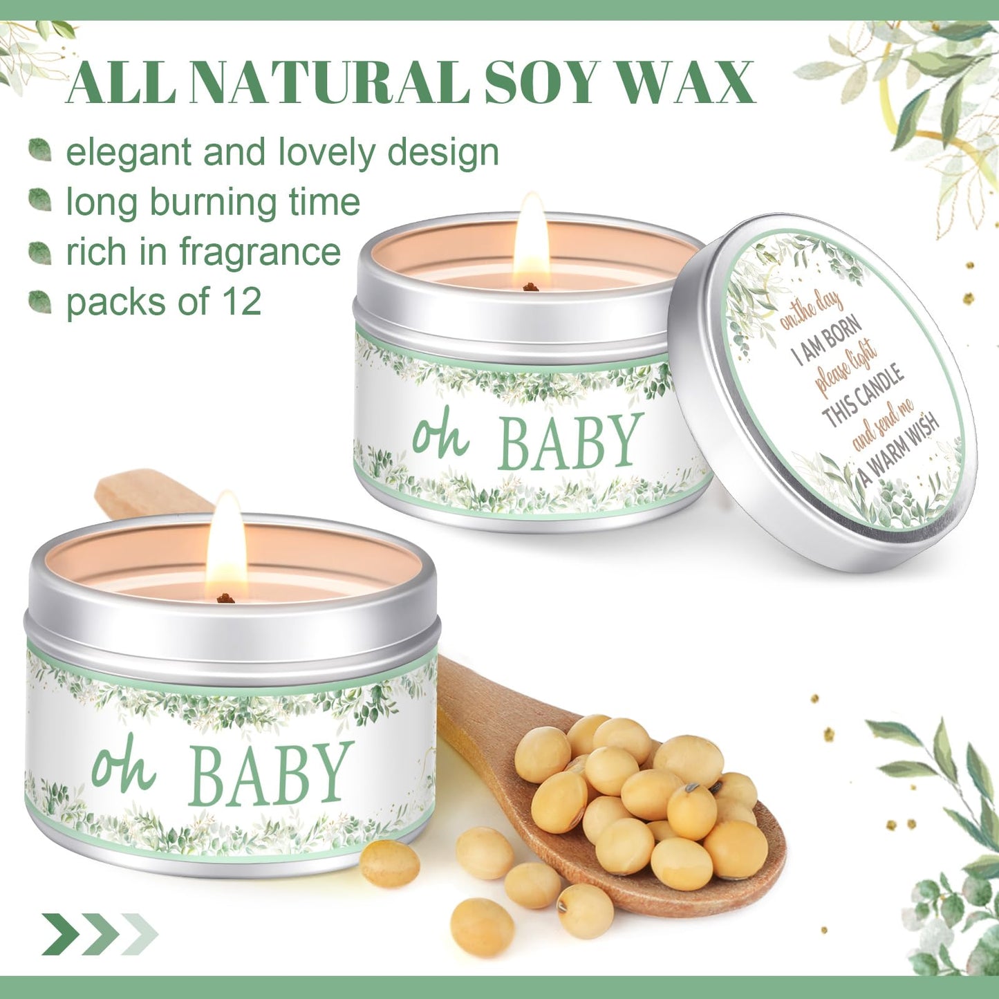 Funtery 12 Pcs Baby Shower Party Favors for Guests Baby Shower Candles Lavender Scented Candle Rustic Tealights Candles Gender Reveal Return Gifts(Leave)
