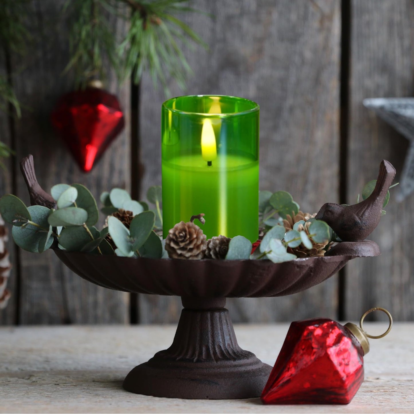 Eywamage Green Glass Flameless Candles with Remote Batteries, LED Pillar Candles Flickering Spring Home Decor Set of 5