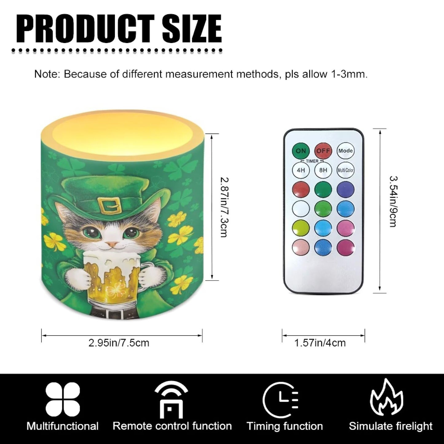 Merkmak St Patrick's Day Flameless Candles with Remote Battery Operated LED Pillar Candles with Timers Tea Lights for Party Home Living Room Decor, Cat Shamrocks Print
