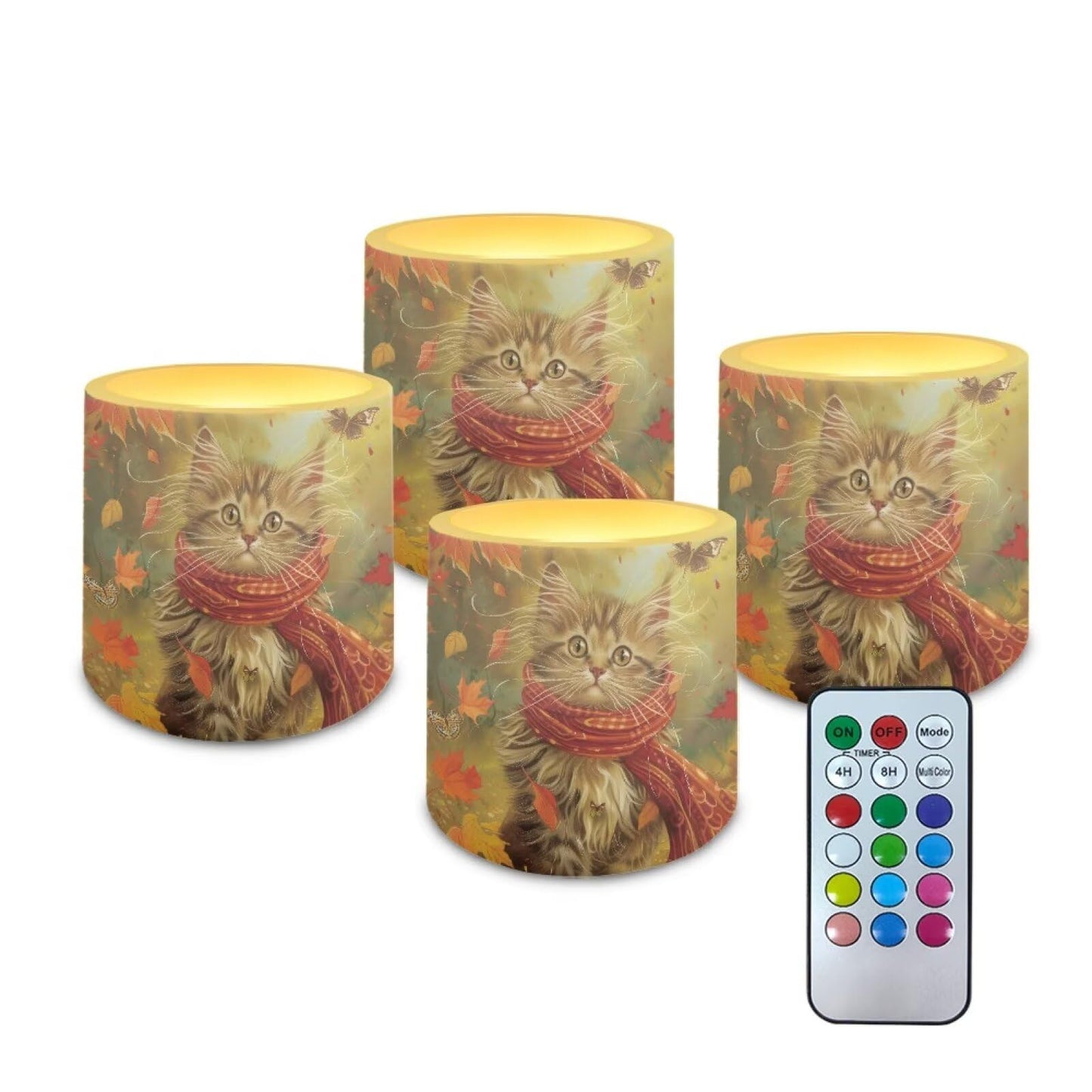Cozeyat Autumn Cat Flameless Candles 4 Pack Battery Operated LED Pillar Candles with Remote Control Timer Waterproof for Indoor Outdoor Home
