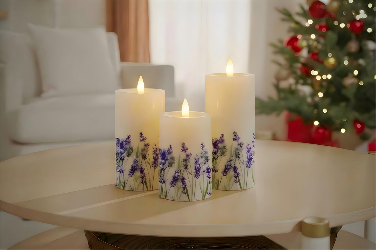 CozierGlow Lilac Flower Flameless Pillar Candles, Set of 3 Real Wax LED Candles with Remote Timer, 3D Moving Flame, Battery Operated (2AA) Up to 400 Hours, Spring Decor