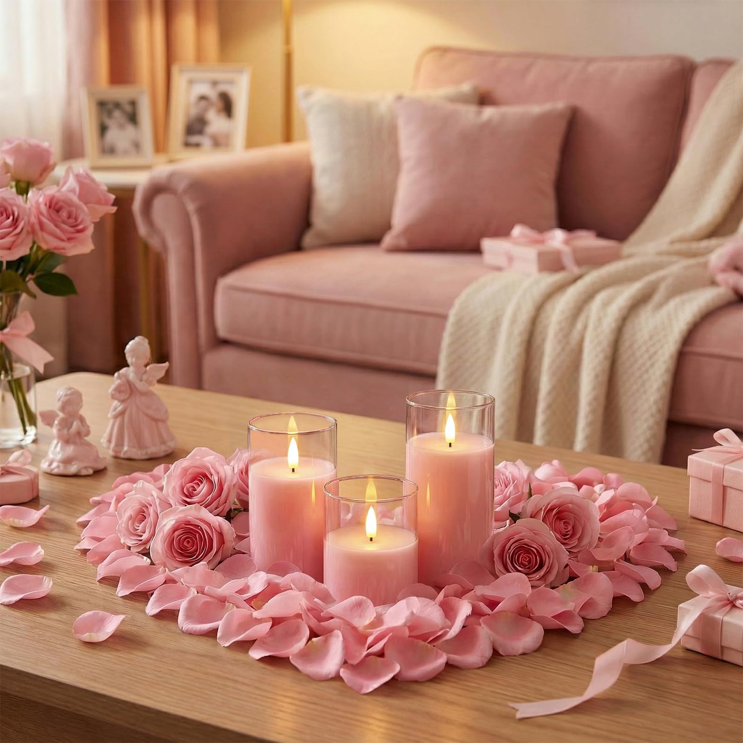 Homemory Pink Glass Flameless Candles, Battery Operated LED Pillar Candles with Remote & Timer, Real Wax Flickering Candles, Romantic Decorative Lights for Home Wedding Party, Set of 3