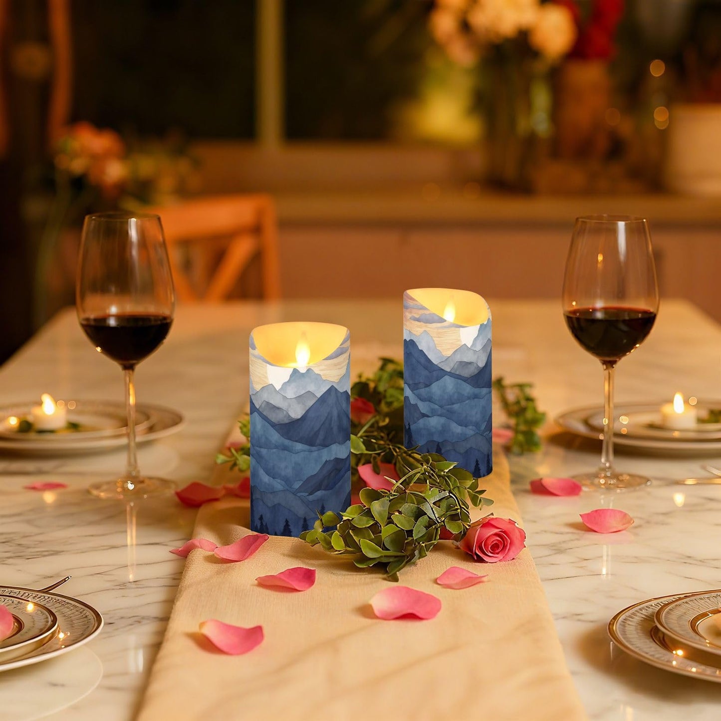Blue Marble Flameless Candles with Remote, Set of 2 LED Battery Operated with Timer Fake Plastic Pillar Candles for Wedding Table Party Decor