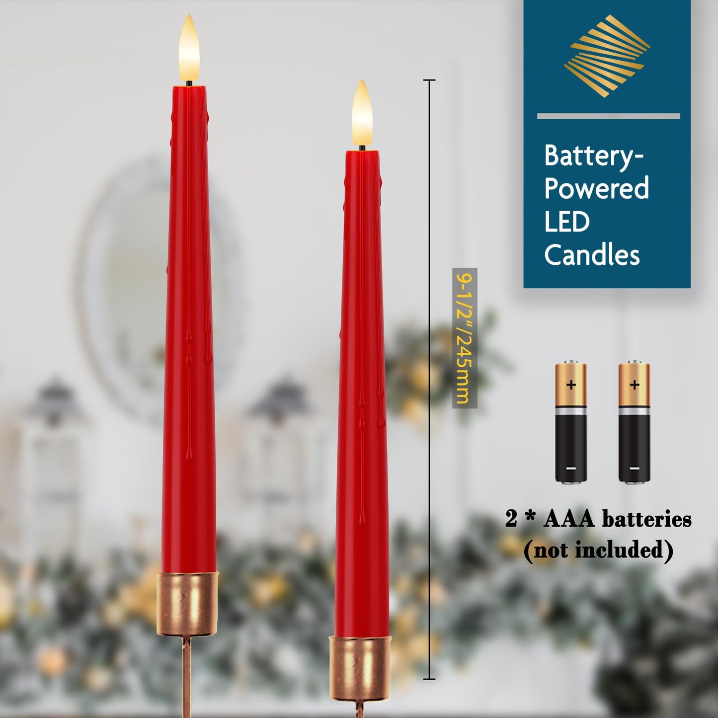 Red Flameless Taper Candles 9.6" Christmas LED Candles Real Wax with Remote Timer, Battery Operated LED Candles Set with 3D Flickering Flame, Classic Flickering Candlesticks for Home, Party, 3 Pack