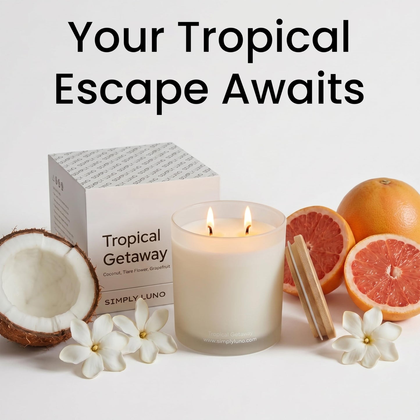 Tropical Getaway Coconut & Grapefruit Scented Candle | 14oz Soy Wax | 50+ Hour Long Lasting Burn | Reusable Glass Candle Jar with Bamboo Lid & Eco Friendly Gift Box |Luxury Scented Candle for Home