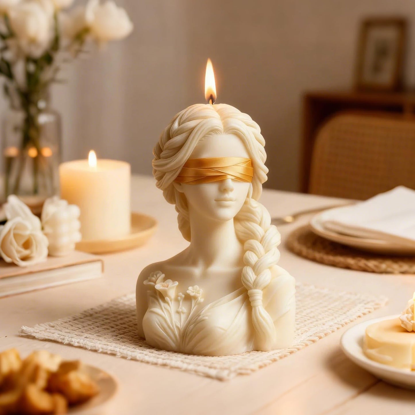 Blindfolded Lady Candle Mold, Braid Girl Maiden Shaped Portrait Aesthetic Woman Resin Casting Silicone Molds for Home Decor, Soap & Candle Making, DIY Epoxy Resin Craft Gift Mold