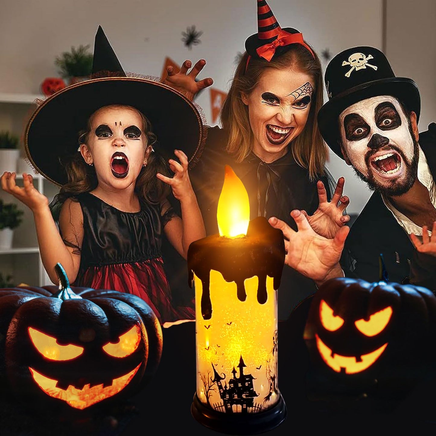 SWEETIME Halloween Snow Globe Candles,Black LED Flameless Battery Operated Pillar Candle,Sparkly Glitter 3D Fire Wick Flickering Flame,Fake Crystal Ghost Decor for Halloween Celebration Party