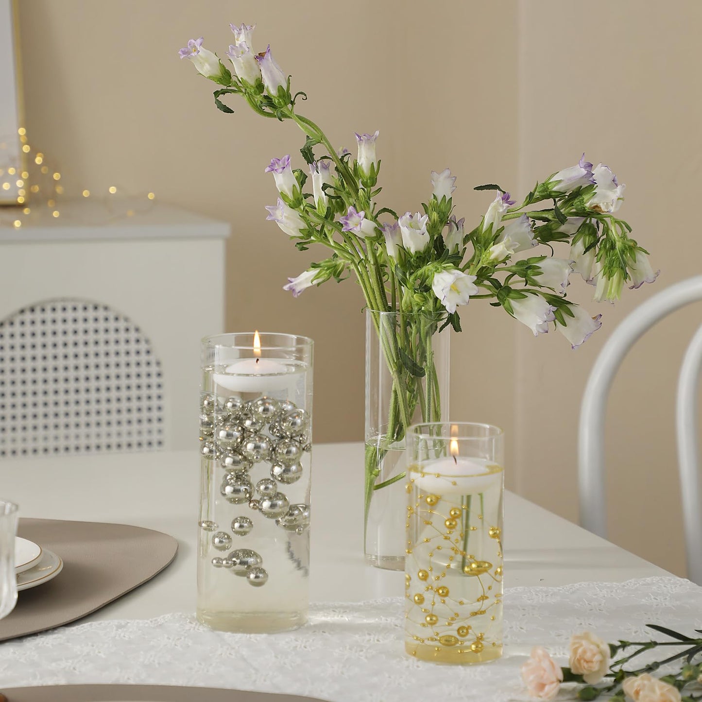PNJHDZ Set of 12 Glass Cylinder Vases for Centerpieces with 8 Pack Vase filler 12 Pearl String 24 White Floating Candles for Centerpieces, Table Center pieces for Wedding Party Home Decor 5, 6, 8 Inch