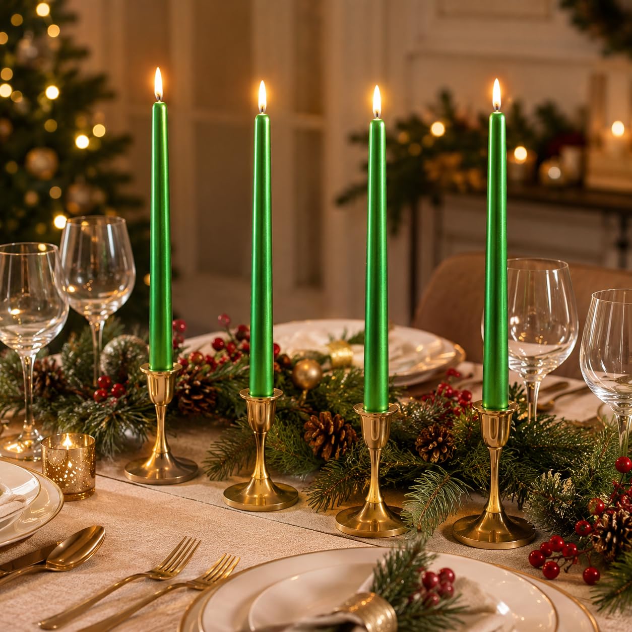 Emerald Green Taper Candles Set of 4, 10 Inch Handmade Candle Stick, Metal Candlesticks, Unscented Tapered Candles for Christmas Dinner Table Decor Gift