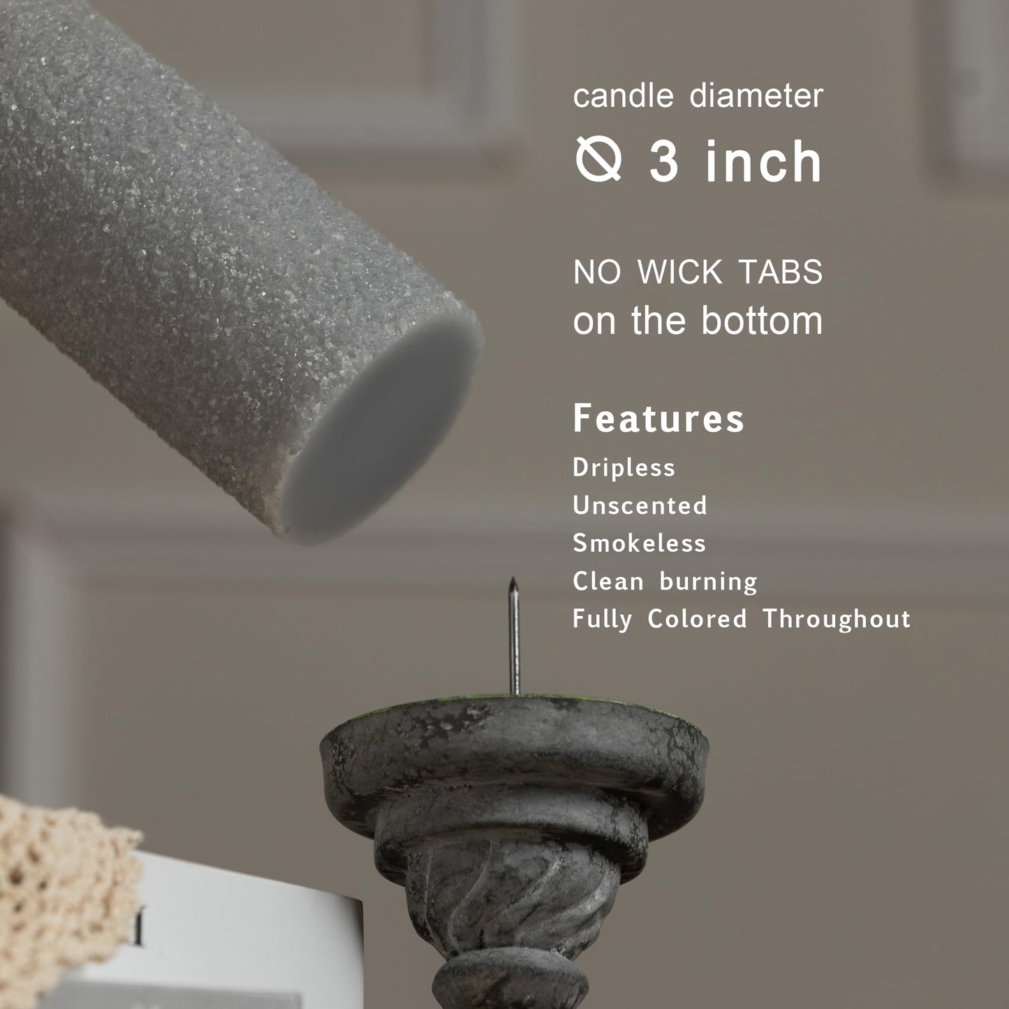 MOZEAL Hand-Poured Granular Texture Decorative Gray Pillar Candles Set of 3 (3'x4' 5' 6'),Approx 300 Hours Burn Time Dripless, Unscented, Smokeless