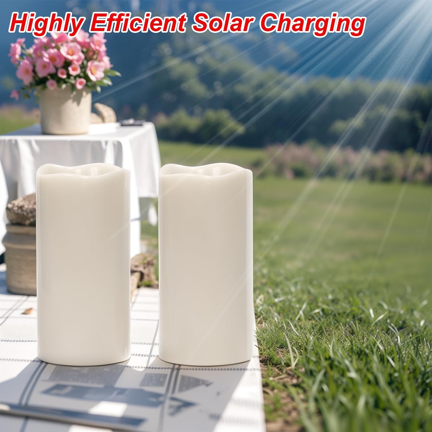 Wondise Solar Powered Candles IP65 Outdoor Waterproof Rechargeable LED Candles Battery Operated Dusk to Dawn Plastic for Camping Patio Porch Lanterns(2 Pack, 4" D x 8" H)