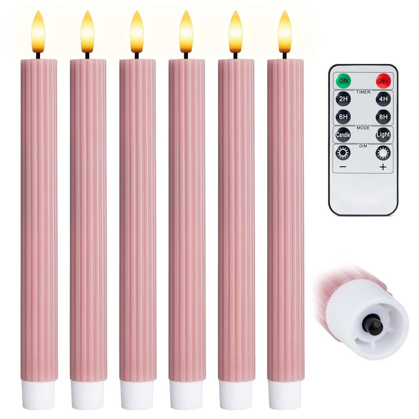West Ivory 6 Pack, 10" LED Flameless Dusty Rose Fluted Ribbed Grooved Taper Candles, Remote & 24h Timer Memory, On/Off Button, Dimmable, Flicker Mode, Battery Operated, Christmas Menorah Wedding