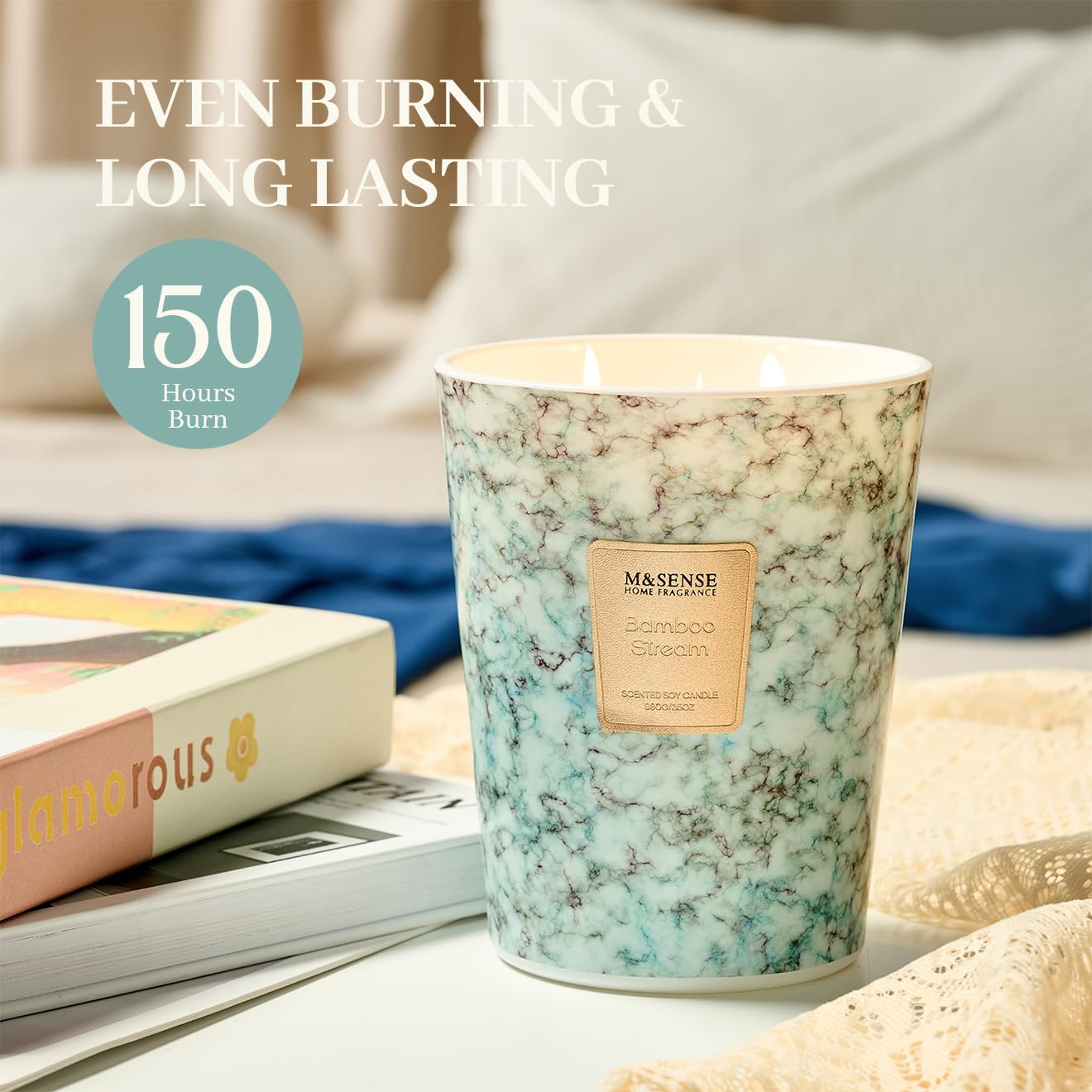 M&SENSE Extra Large Candle 35oz 150H BambooStream Scented Candle,3 Wick Highly Scented Jar Candle, XL Candles Gift for Stress Relief, Meditation, Yoga