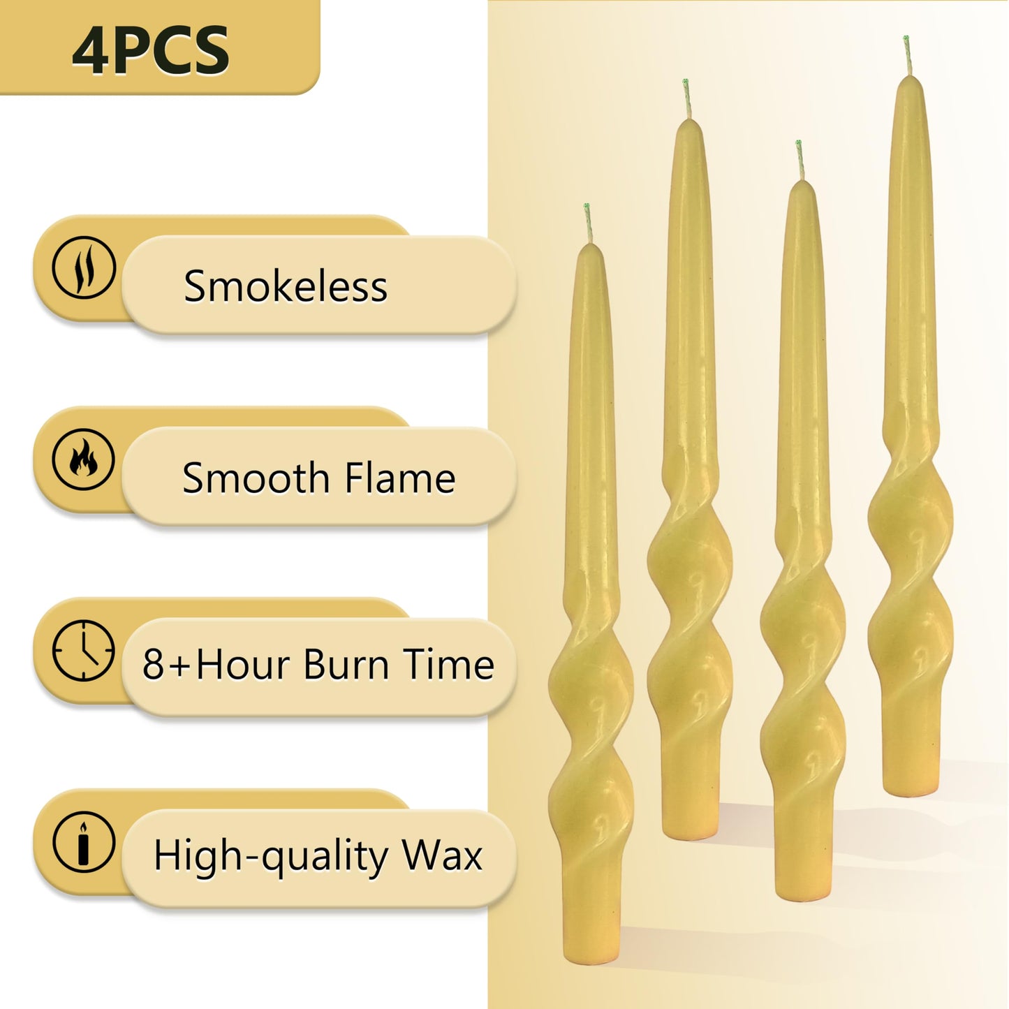 4pcs Beeswax Taper Candles Natural Honey Twisted Candlesticks Yellow Spiral Taper Candle Natural Scent Long Lasting Burning Handmade Bee Wax Candle for Home Wedding Women Christmas Halloween