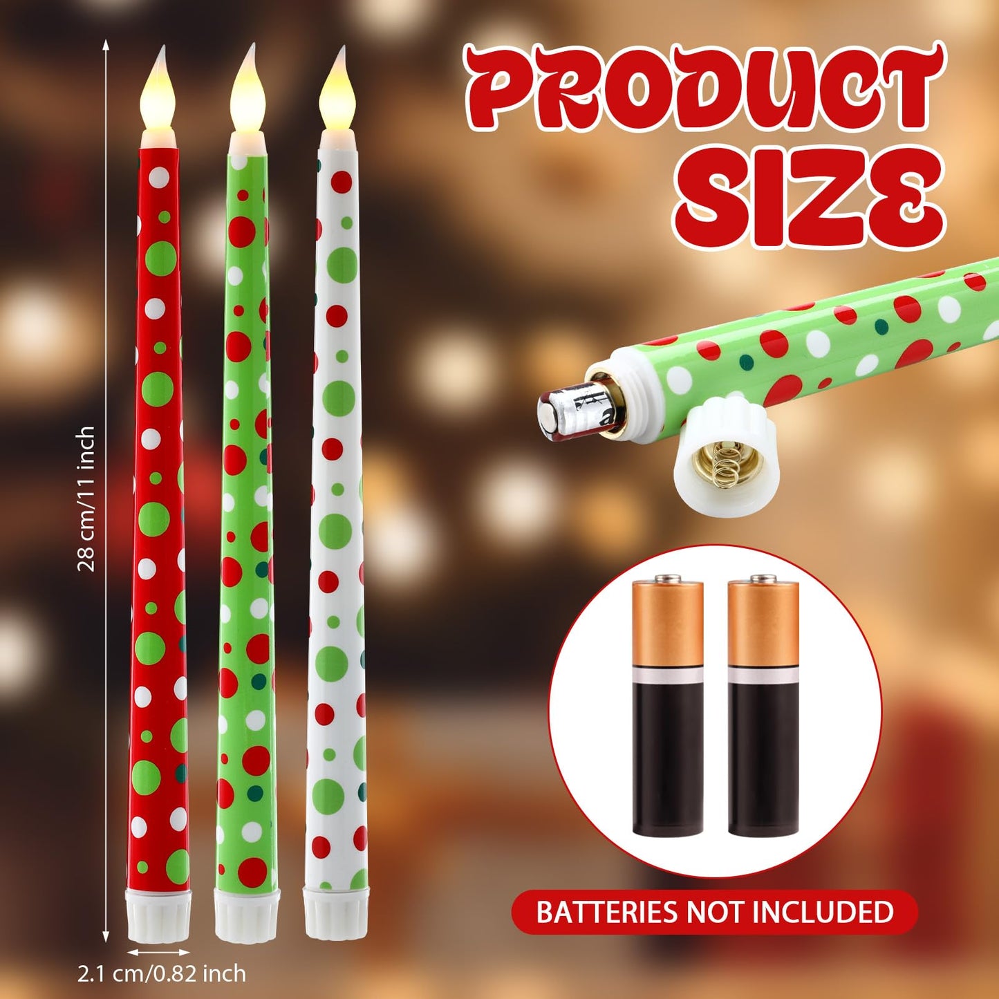 Kittmip 6 Pcs Christmas Flameless Taper Candles 11 Inch Long Polka Dots White Red Green Battery Operated LED Candles Elf Candlestick Table Centerpiece for Xmas Winter Holiday Party Decor