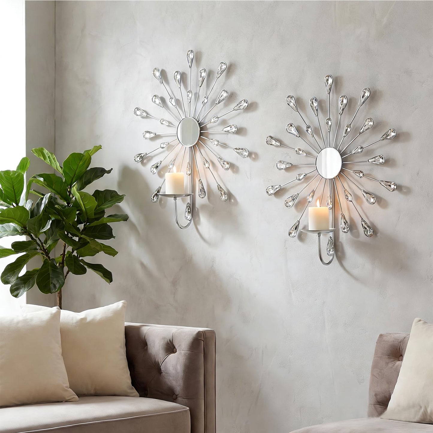 ZEXUIRU 2 Set Starburst Candle Sconces for Wall Decor Living Room Bedroom Dining Room Metal Bling, Crystal, Mirrored Modern Wall-Mounted Candle Sconce Holders Hanging Decor-Silver 13in