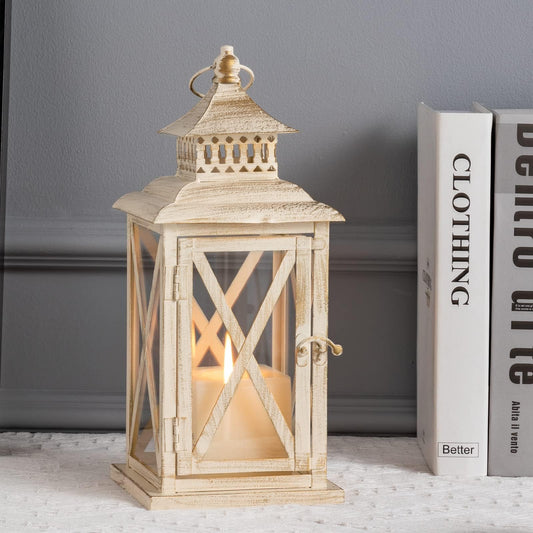 DECORKEY Lantern Decorative Indoor & Outdoor,Large Square Hanging Spring Home Decor, Vintage Metal Decorative Candle Lanterns for Outdoor Patio Wedding Party Beige with Copper Brush