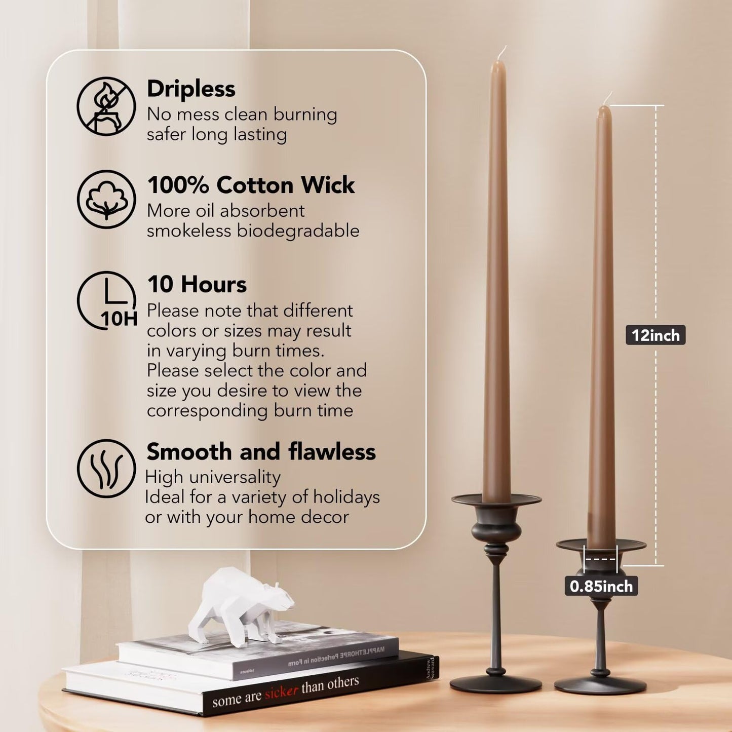 Pickood 12-Inch Tall Dripless Taper Candles Set of 4 - Taupe Tapered Candles, Perfect for Spring - Smokeless, Unscented, Long Burning - Hand Poured, Colored Tall Candlesticks - Gray
