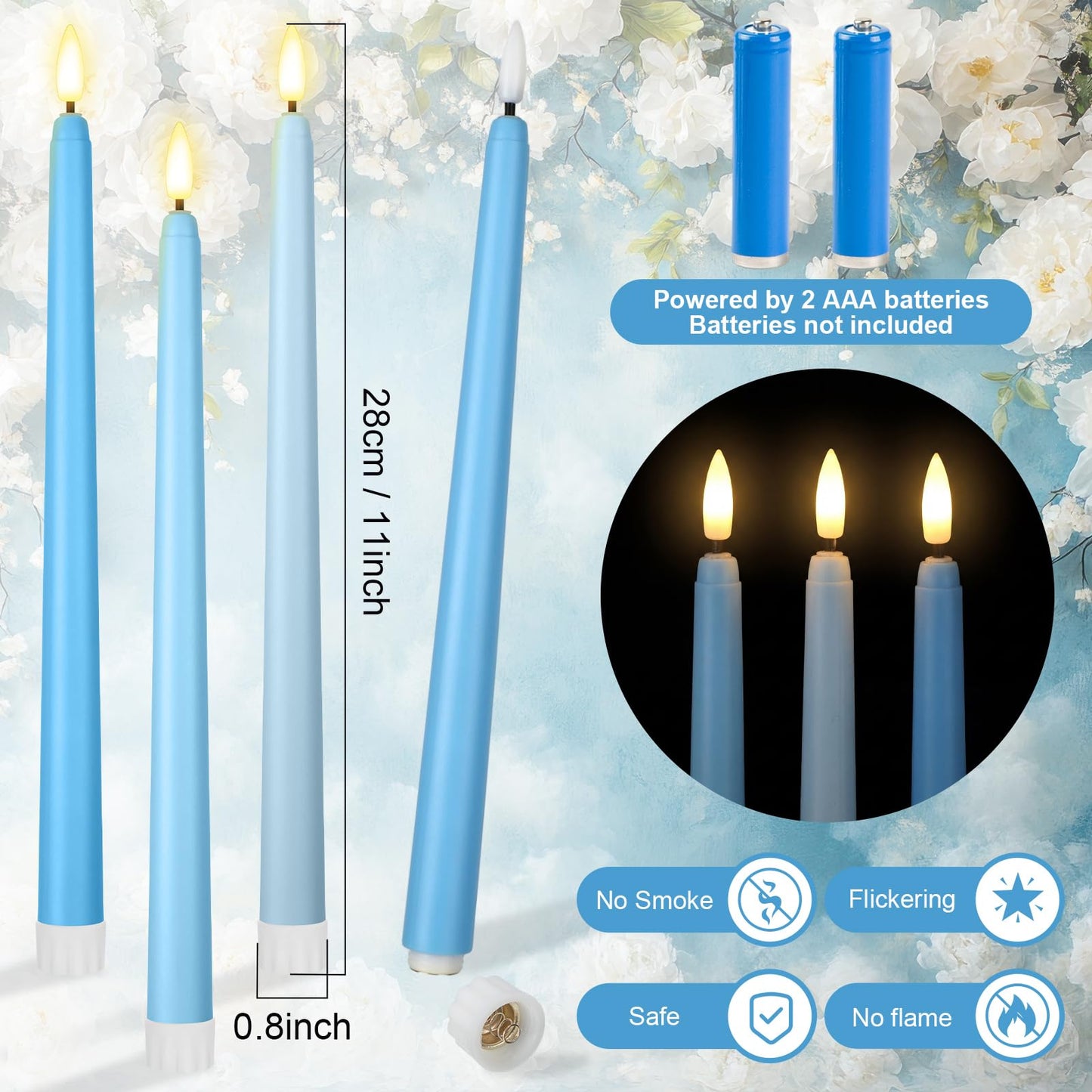 Macarrie 24 Packs Flameless Taper Candles Battery Operated Fake 11 Inch Long Candlelight LED Flameless Candlesticks Flickering Tapered for Summer Fall Wedding(Mixed Blue)