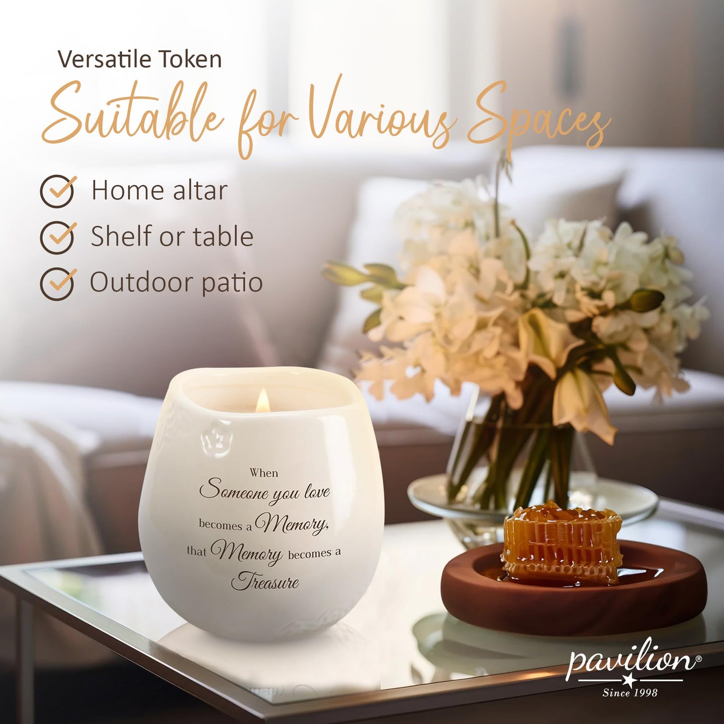 Pavilion - 8 Oz Candle Holder - Cream Beige Ceramic Candle Vessel with 100% Soy Wax, Tranquility Scent When Someone You Love Becomes A Memory Remembrance Gift - Printed Text, Love Theme, Round Shape