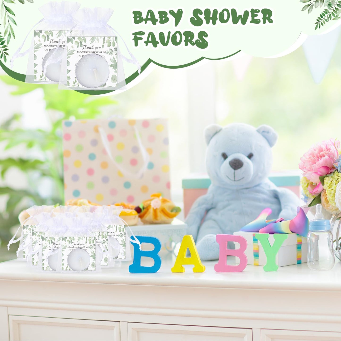 MTLEE 50 Sets Baby Shower Party Favors Candles Including 50 Pcs Tealight Candles Thank You Cards Baby Shower Bags for Guests Prizes Gender Reveal Party Decorations(White,Eucalyptus)