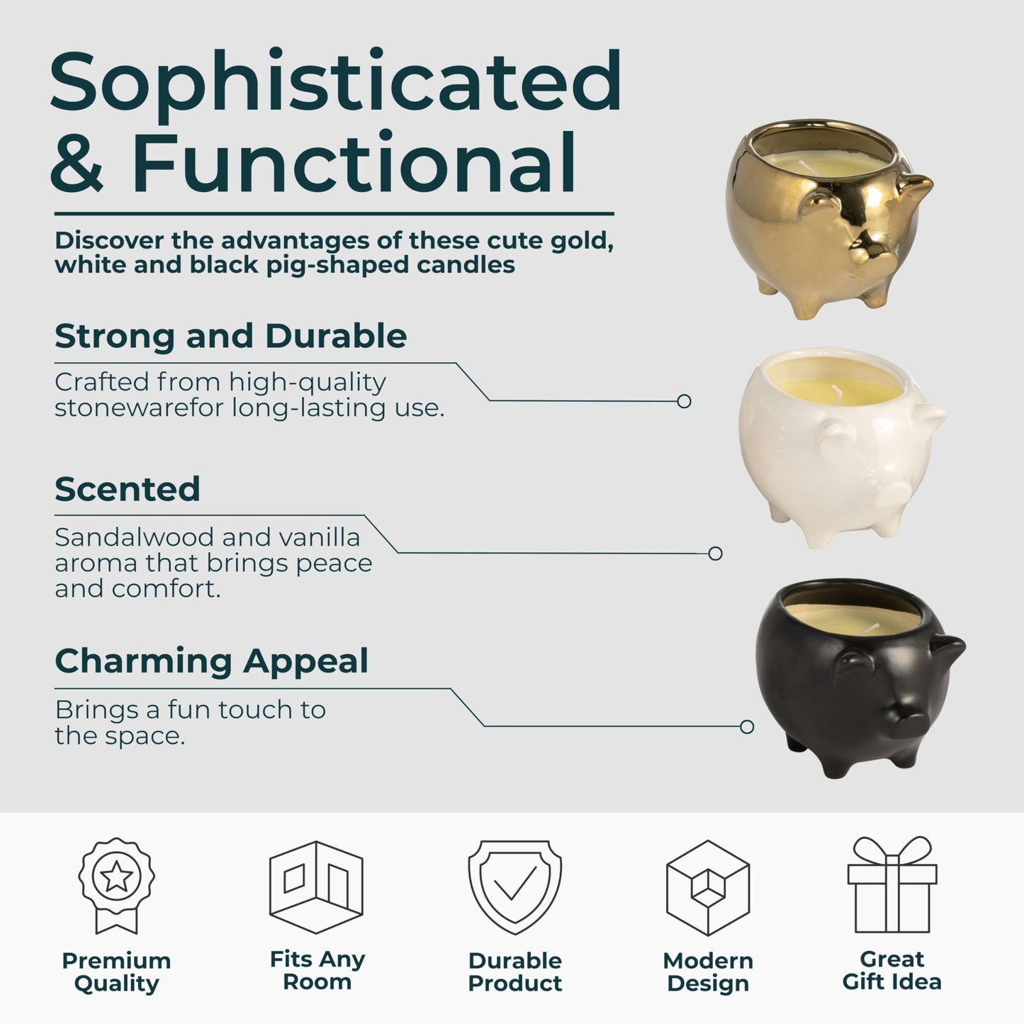 Ceramic Candle Set – Scented Candle for Relaxation and Soft Ambience, Living Room or Bedroom Decor Placement, Pig Animal Shaped Home Decor Design Accent – 4x6, Black, Gold & White Trio