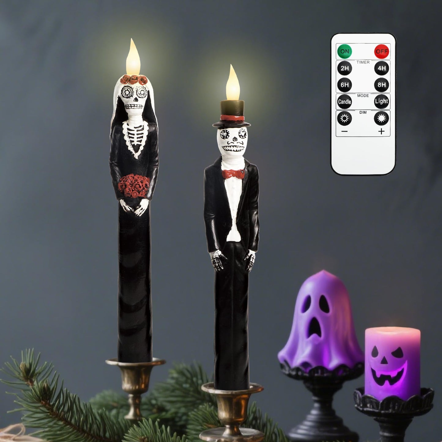 Black Flameless Taper Candles with Remote Battery Operated CandleSticks Flickering Light Set of 2 Real Wax Handmade Skeleton Couple LED Window Candles for Halloween Horror Party Gothic Wedding Decor