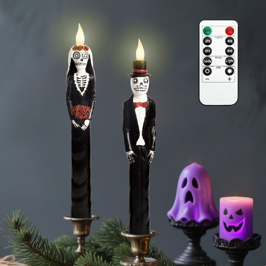 Black Flameless Taper Candles with Remote Battery Operated CandleSticks Flickering Light Set of 2 Real Wax Handmade Skeleton Couple LED Window Candles for Halloween Horror Party Gothic Wedding Decor