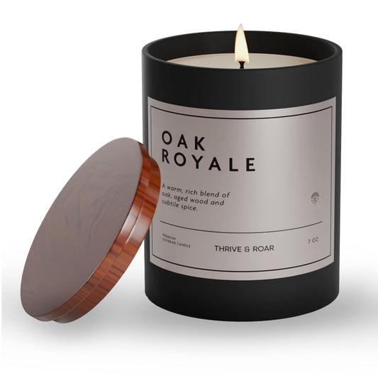 Thrive & Roar - Oak Royale Premium Scented Candle for Men – 7oz Long Lasting, Soy Wax Aromatherapy Candle for Home Scented, Masculine Aroma, Office Decor, Man Cave Decor, Men's Gift