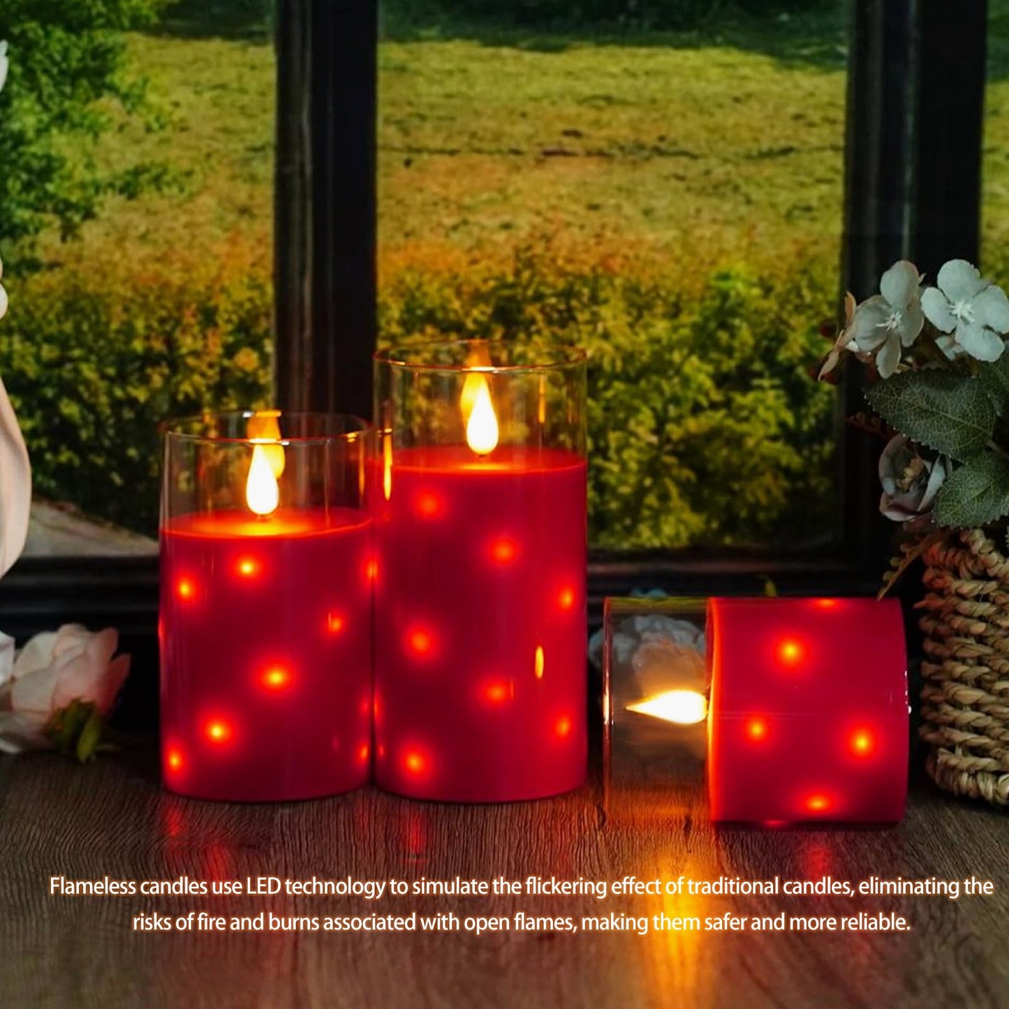 Nimiko Real Wax Flameless Candles Glass,Battery Operated LED Candles with Flickering Flame,Glass Shell,Interior Star Light Decoration Set of 3 Red (D3×H 4" 5" 6") for Home Decor,Holiday Decoration
