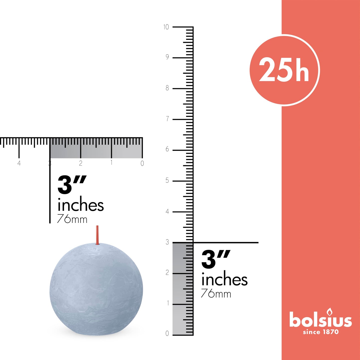 BOLSIUS 3 Pack Sky Blue Rustic Ball Pillar Candles - 3 Inch - Premium European Quality - Includes Natural Plant-Based Wax - Unscented Dripless Smokeless 25 Hour Party Décor and Wedding Candles