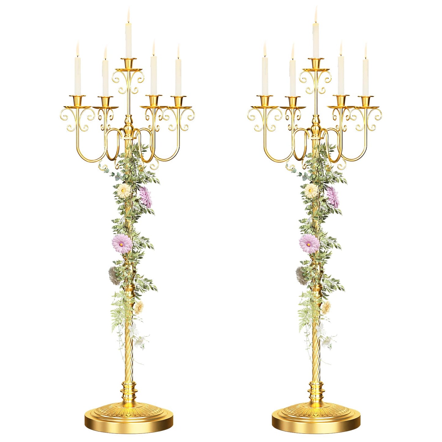Floor Candelabra 50 Inch Gold Candlestick Holder 5 Arms Candle Holders Antique Flower Stand Centerpiece Decorative Candle Holder for Events, Party, Ceremony, Wedding Aisle, Home 2 Pcs (Beaded Styling)