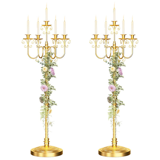 Floor Candelabra 50 Inch Gold Candlestick Holder 5 Arms Candle Holders Antique Flower Stand Centerpiece Decorative Candle Holder for Events, Party, Ceremony, Wedding Aisle, Home 2 Pcs (Beaded Styling)