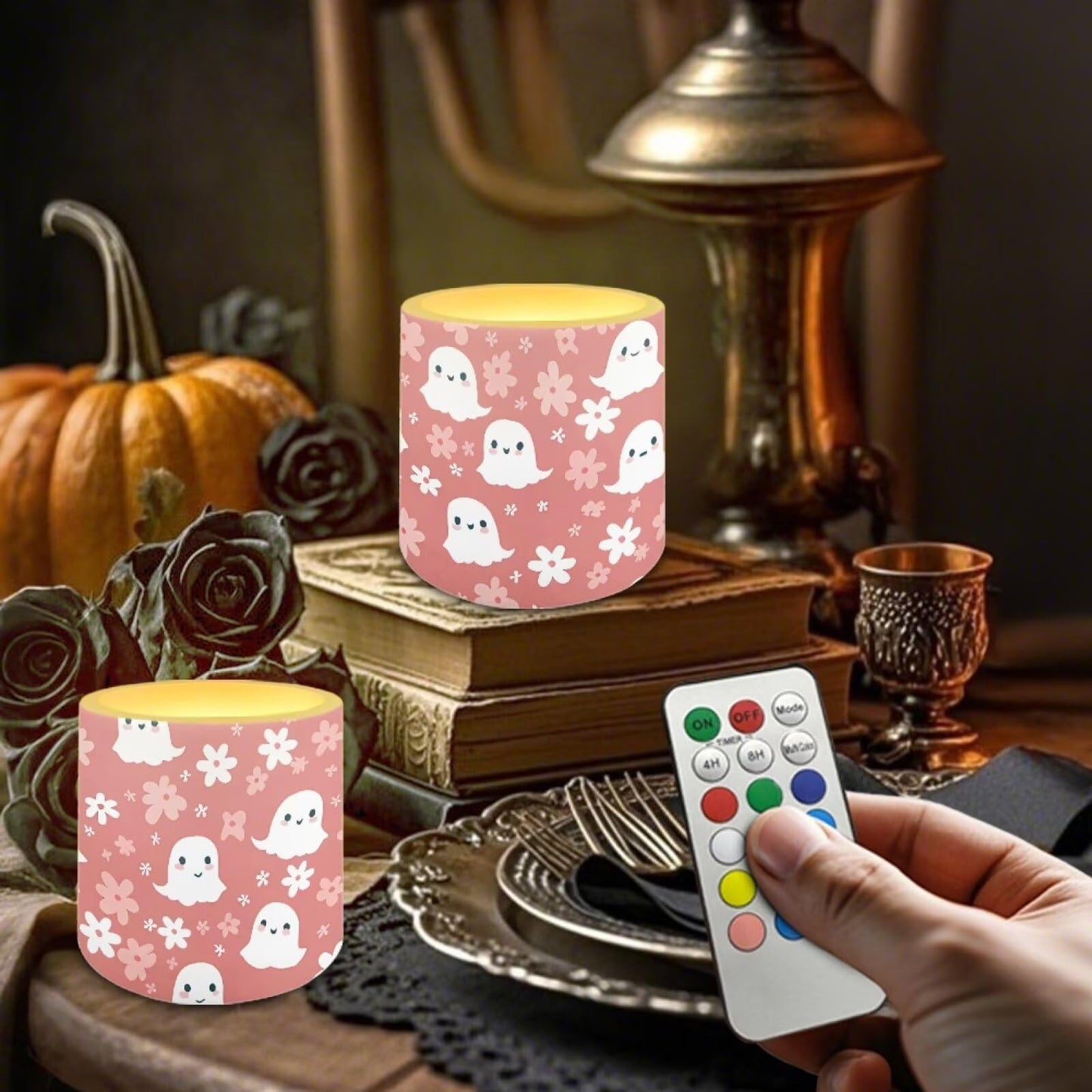 Merkmak Pink Battery Operated Flameless Candles with Remote and Timer Halloween Flameless LED Pillar Candles for Banquet, Party, Home Decoration Battery Tealights, Spider Web Ghost
